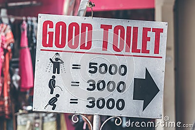 A horizontal view of classic simple design handmade wooden sign of toilet give direction to WC. Bali. Stock Photo