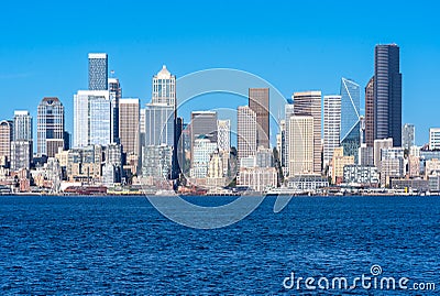 Horizontal view of Seattle`s downtown skyline and waterfront; highlighting the Columbia Cente Editorial Stock Photo