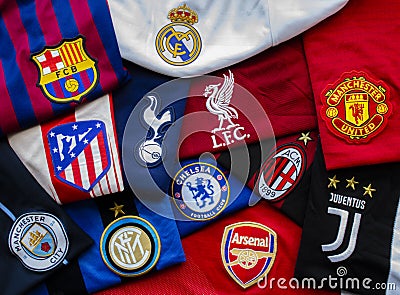 Horizontal view of The Super League or European Super League teams jerseys. annual Editorial Stock Photo