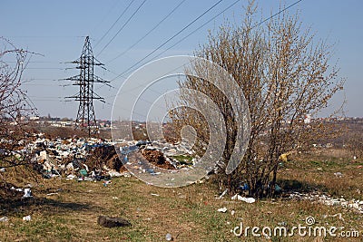 Horizontal view. Territory covered with garbage and plastic bags thrown and scattered by the wind Stock Photo