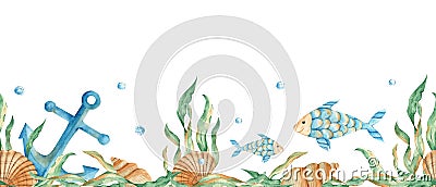 Horizontal watercolor sea, marine seamless border pattern. Nautical anchor, cute fishes, seaweeds, seashells and water Cartoon Illustration