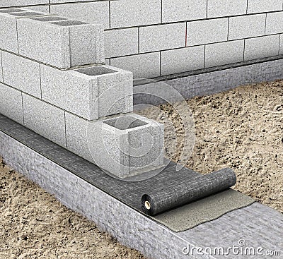 Horizontal waterproofing when building a house. waterproofing on the top of the foundation. 3d Cartoon Illustration