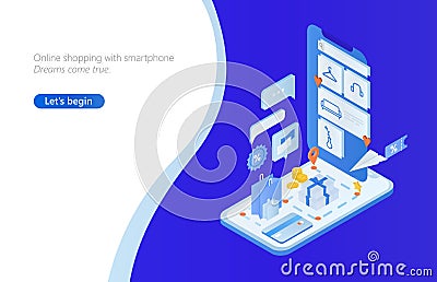 Horizontal web banner with isometric smartphone, shopping bags and boxes, money, credit card. Internet retail, buying Vector Illustration