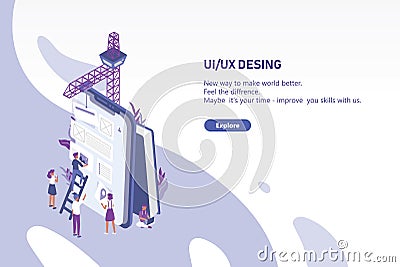 Horizontal web banner template with group of tiny people creating application design on giant tablet PC. User interface Vector Illustration