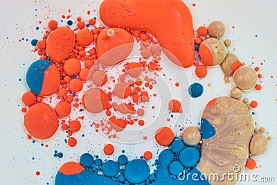 Horizontal white background with blogs of spherical and ameba orange blue and gold abstract oil spill background asset Stock Photo
