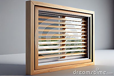 horizontal window louver, with wooden slats and natural finish, providing airy and open look Stock Photo