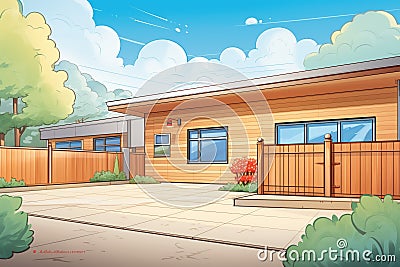 horizontal wood paneling on a newly constructed modern home, magazine style illustration Cartoon Illustration