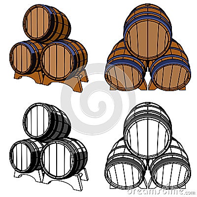 Wooden barrel horizontally stacked set color Vector Illustration