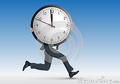 Concept of stress at work, with a man running while symbolically carrying a clock Stock Photo