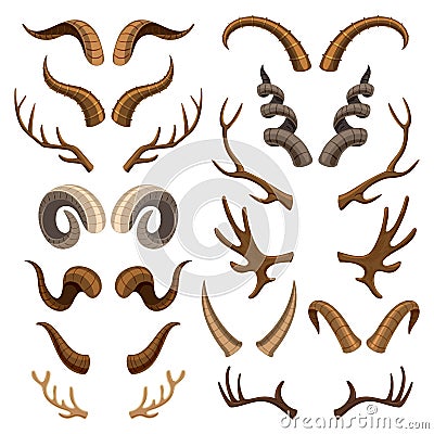 Horn vector horned wild animal and deer or antelope antlers illustration set of hunting trophy of reindeer Vector Illustration