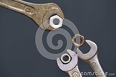 Horn wrenches with nuts. Horn wrench with nut. Imitation of feeding chicks Stock Photo