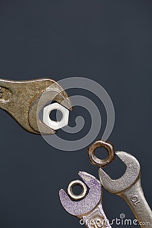 Horn wrenches with nuts. Horn wrench with nut. Imitation of feeding chicks Stock Photo