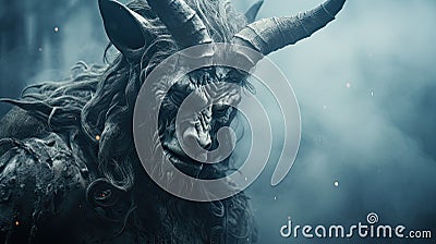 Horned Animal in Foggy Forest Stock Photo