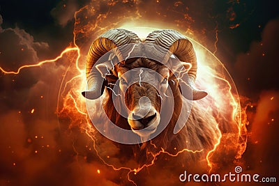 A horned animal with large horns standing proudly in front of a ring of fire Stock Photo