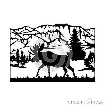 Horned Elk, moose - Wildlife Stencils - mountain Silhouettes, vector Stock Photo