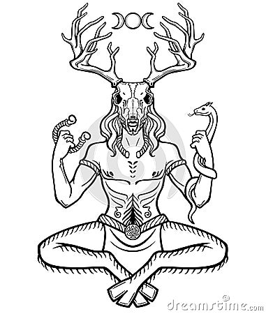 Horned god Cernunnos . Mysticism, esoteric, paganism, occultism. Vector Illustration