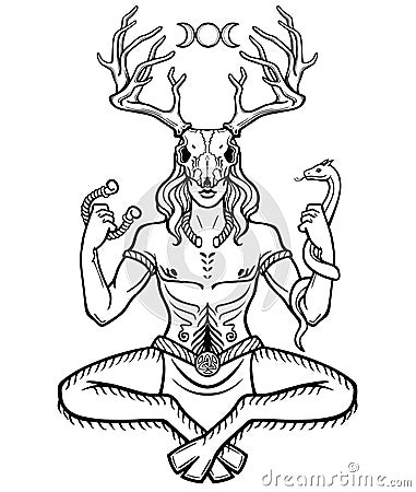 Horned god Cernunnos . Mysticism, esoteric, paganism, occultism. Vector Illustration