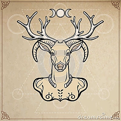 Horned god Cernunnos . Mysticism, esoteric, paganism, occultism. Vector illustration. Vector Illustration