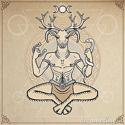 Horned god Cernunnos . Mysticism, esoteric, paganism, occultism. Vector illustration. Vector Illustration