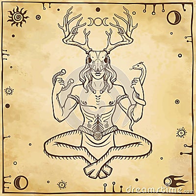 Horned god Cernunnos . Mysticism, esoteric, paganism, occultism. Vector Illustration