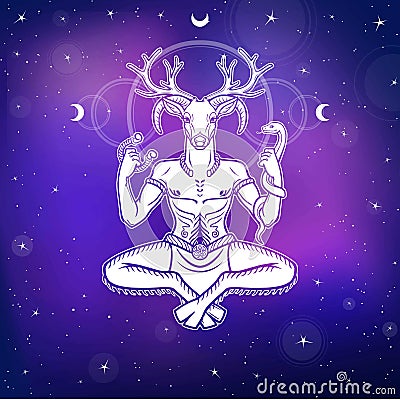 Horned god Cernunnos . Mysticism, esoteric, paganism, occultism. Vector illustration. Vector Illustration