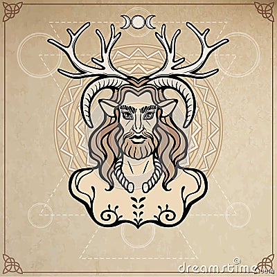 Horned god Cernunnos . Mysticism, esoteric, paganism, occultism. Vector illustration. Vector Illustration