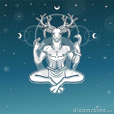 Horned god Cernunnos . Mysticism, esoteric, paganism, occultism. Vector illustration. Vector Illustration