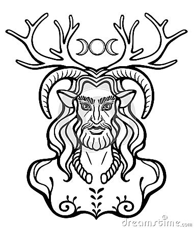 Horned god Cernunnos . Mysticism, esoteric, paganism, occultism. Vector Illustration