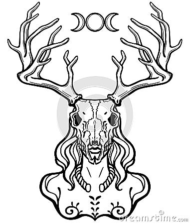 Horned god Cernunnos . Mysticism, esoteric, paganism, occultism. Vector Illustration