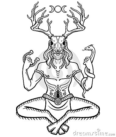 Horned god Cernunnos . Mysticism, esoteric, paganism, occultism. Vector Illustration