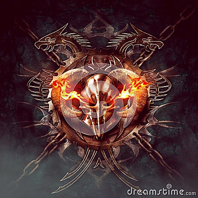 Horned knight helmet with flames. Ornaments, dragon silhouettes and chains in dark background Stock Photo