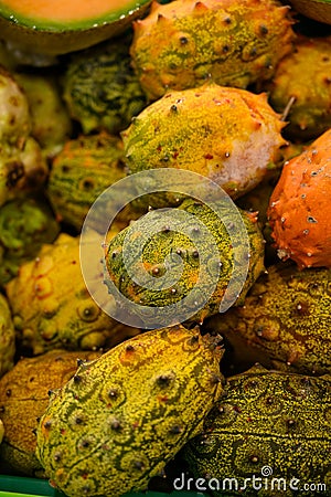 Horned melon or kiwano exotic fruits close up Stock Photo