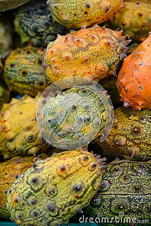 Horned melon or kiwano exotic fruits close up Stock Photo