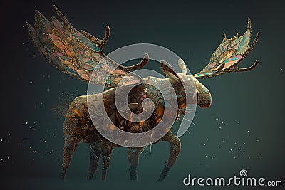 A horned moose with dragonfly. Generative AI Stock Photo