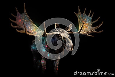 A horned moose with dragonfly. Generative AI Stock Photo