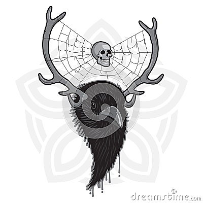 Horned Raven Head Vector Illustration