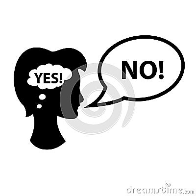 Woman is thinking yes, saying no. Vector Illustration