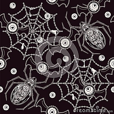 Horrible pattern with monsters, metallic robotic spider, spiderweb, flying human eyeballs with bat wings Vector Illustration