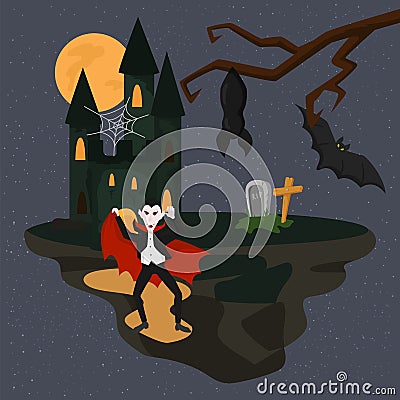 Horrible scary Dracula on Halloween dark night vector illustration. Castle of Dracula, grave with tombstone and cross Vector Illustration