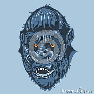 Horrible view of gorilla face with orange eyes, freehand drawing Vector Illustration