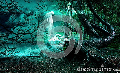 Horror background. Scary ghost in the forest. Cartoon Illustration