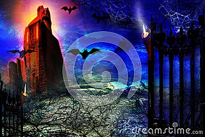 Horror background. Spooky forest with a castle in the night Stock Photo