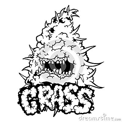 Horror cannabis plant with grass hand lettering word monochrome Vector Illustration