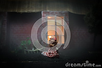 Horror concept. Little baby standing in the yard near a window of old creepy house. Scary baby silhouette in dark. A realistic Stock Photo