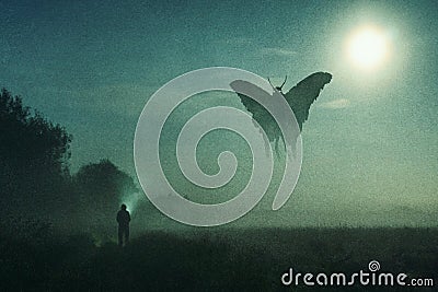 A horror concept. Of a man looking at a mysterious monster mothman figure, flying in the sky. Silhouetted against the moon at Stock Photo