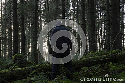 A horror concept of a spooky winter forest with a scary hooded figure standing next to a fallen tree, back to camera Stock Photo