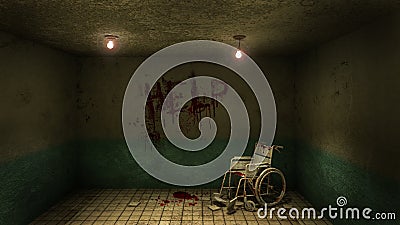 Horror and creepy front of the examination room and wheelchair in the hospital and help Blood .3D rendering Stock Photo