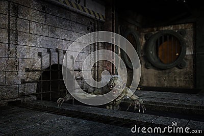 Horror fantasy nightmare monster in an underground sewage tunnel. Halloween concept 3D illustration Stock Photo