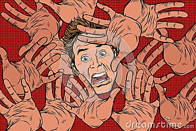 Horror fear background, hands and frightened face Vector Illustration