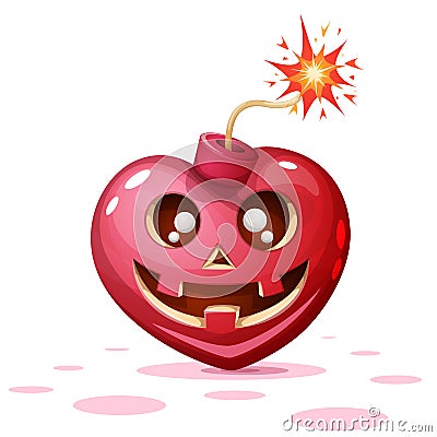 Horror, fear, halloween illustration. Heart, pumpkin, bomb cartoon characters. Vector Illustration
